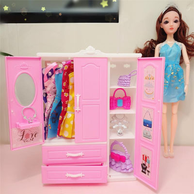 Furniture For Barbie Doll Three-door Pink Modern Wardrobe for armario Accessories with 10 hangers мебель для барби Girls To