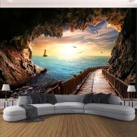 ✚●☋ Cave Path Ocean Tapestry Landscape Wall Hanging Room Decoration Living Room Bedroom Background Thin Wall Cloth Carpet Ceiling