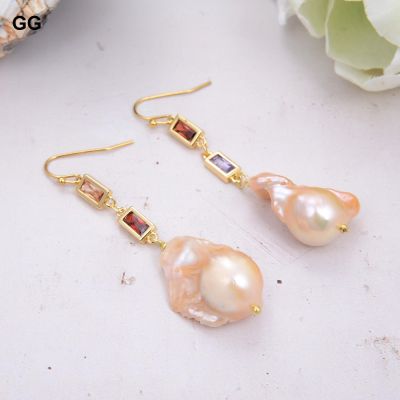 GuaiGuai Jewelry Cultured Pink Keshi Pearl Cz pave Chain Dangle Hook Earrings