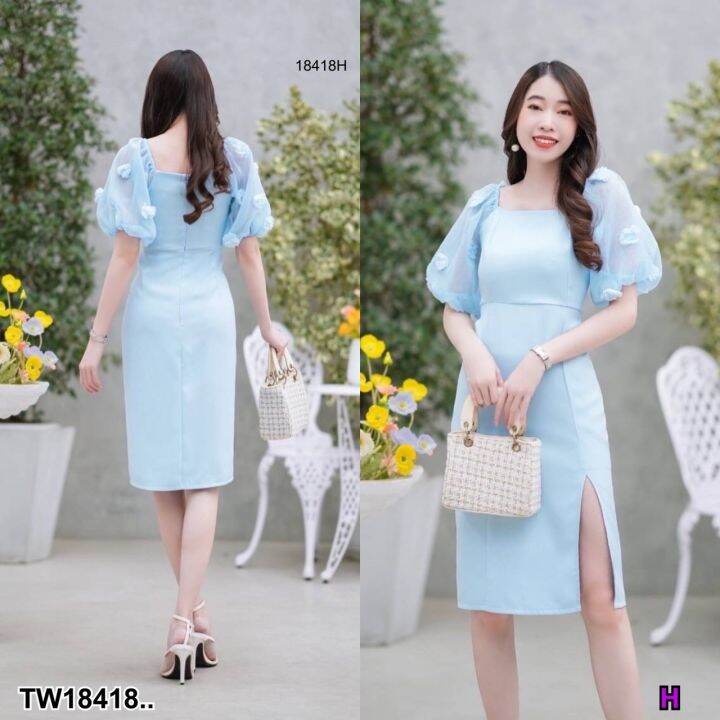 tw18418-เดรสปาดไหล่-แขนปอมๆ-สีพื้น