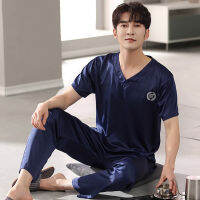 Casual V คอผ้าไหมซาตินชุดนอนชาย Pijama ชุดฤดูร้อน Breathable แขนสั้น Sleep Tops ชุดนอน Pijama Masculino