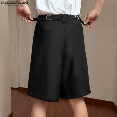 INCERUN กางเกงขาสั้นความยาวปานกลางสำหรับบุรุษขากว้างทางการกางเกงผ้าอเนกประสงค์แบบลำลอง (สไตล์เกาหลี)