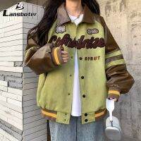 Lansboter แจ็กเก็ตหนังแนวสตรีทสูงสำหรับทุกเพศดีไซน์แบบ Jaket Baseball แนวสตรีทอเมริกัน