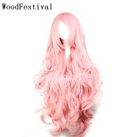 WoodFestival Synthetic Hair 100 cm Pink Wavy Wig With Bangs Female Cosplay Wigs For Women Long Yellow Purple Halloween Party Wig  Hair Extensions Pads