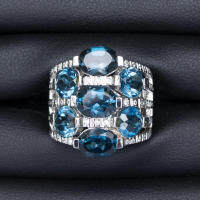 แหวนพลอยลอนดอนบลูโทแพซ (London Blue Topaz) เรือนเงินแท้92.5%ชุบทองคำขาว พลอยน้ำเงินอมสีฟ้าน้ำทะเลเข้ม ไซด์นิ้ว 56 หรือ เบอร์ 7.5 US