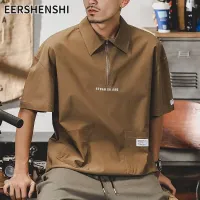 EERSHENSHI เสื้อยืดแขนสั้นวินเทจแบบ M--8XL สำหรับผู้ชาย,เสื้อยืดซิปครึ่งแบรนด์หลวมขนาดใหญ่ย้อนยุคเสื้อโปโลอเมริกัน