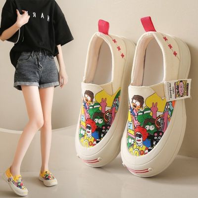 Graffiti Shallow Mouth Canvas Shoes Female 2023 Spring New round Head Muffin Bottom Slip-on Womens Shoes