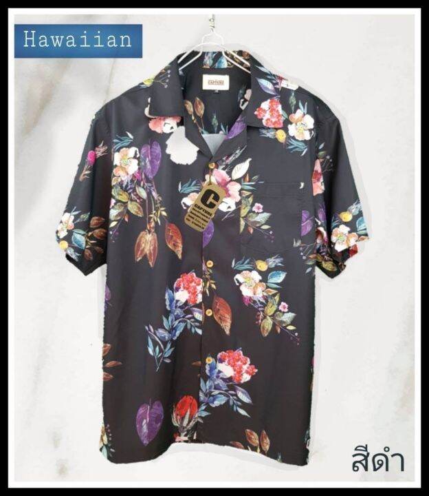 เสื้อฮาวาย-ผู้ชาย-ลายชบา-สีดำ-มีตั้งแต่อก-40-48-นิ้ว