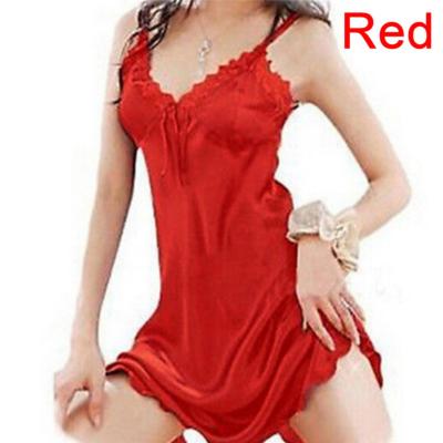 ชุดนอนผ้าไหมซาตินสำหรับผู้หญิงชุดนอน Baju Tidur Seksi สีแดงเสื้อคลุมลูกไม้กระโปรงชุดเดรสนอน