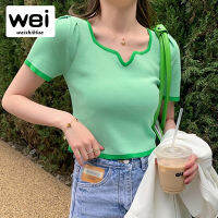 WEISHIBLUE เสื้อยืดแขนสั้นลำลองสตรี,เสื้อคอสี่เหลี่ยมดีไซน์ใหม่เสื้อยืดถักคลุมสะโพกทรงสลิมสำหรับฤดูร้อน