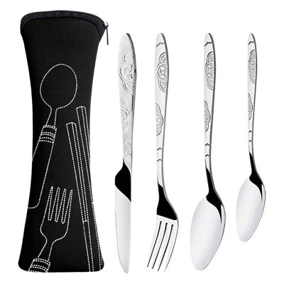 5pcs Portable Travel Dinnerware With Case  Spoon Fork Tableware Stainless Steel Cutlery Set Hiking Family Outdoor Picnic Flatware Sets