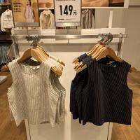 UNIQLO เสื้อผ้าผู้หญิงใส่อยู่บ้านของแท้,สไตล์ใหม่ในฤดูร้อนของ2022ผสมเสื้อกั๊ก Kemeja Tanpa Lengan สั้นเสื้อเชิ้ตมีลาย Y449034