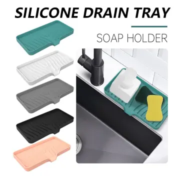 Silicone Kitchen Sink Tray Soap Dish Holder with Built-in Drain Lip  Countertop Sink Scrubber Brush Sponge Bottles Organzer Drain