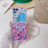 ?สำหรับ Samsung Galaxy Z Flip 5 4 3 Zflip5เคสสร้อยข้อมือลายดอกพีชบานโปร่งใสปลอกกันแดดพับรวมทุกอย่าง