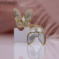 PATAYA New Double Butterfly Up Open Rings 585 Rose Gold Horse Eye Natural Zircon Fashion Jewelry White Shell Women Wedding Rings