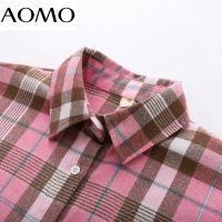 AOMO Women Oversized Plaid Print Boyfriend Style Shirt Long Sleeve Chic Female Casual Loose Shirt BAO4A