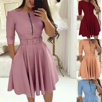 Fashion model shop Women Solid Color Half Sleeve Ruffle Party Dress Summer Elegant Casual Zipper Dresses with Belt