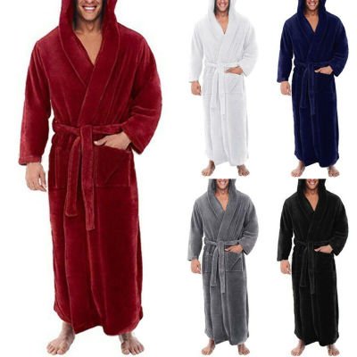 TOP☆Mens Nightwear Long Sleeve Fleece Hooded Robe Gown Long Bathrobe Warm Sleepwear