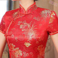 ชุด cheongsam สีแดงสไตล์จีนใหม่ซิปด้านข้างสีแดงที่สวยงาม, เสื้อผ้าสไตล์จีน