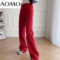 AOMO 2022 Fashion Women High Waist Red Wide Leg Jeans Pants Long Trousers Pockets Buttons Female Pants 4M66A