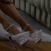 16ซม. รองเท้าส้นสูงแพลตฟอร์ม Wedges ผู้หญิงปั๊มแฟชั่น Sequined Mary Janes Spike ส้นฤดูใบไม้ผลิฤดูร้อน Party Prom Chunky รองเท้า