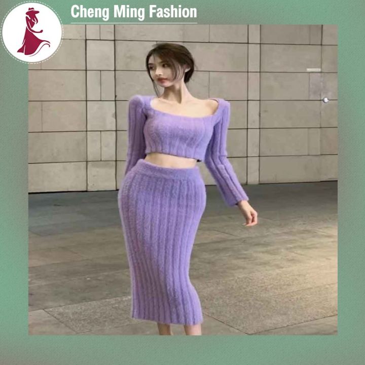 cheng-ming-ชุดเสื้อกันหนาวแบบถัก2ชิ้นสำหรับผู้หญิง-เสื้อแขนยาวสีทึบเสื้อผู้หญิงเพรียวบางชุดกระโปรงสองชิ้นคลุมเข่า