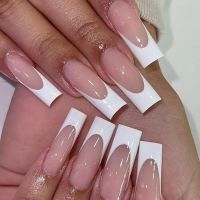 24Pcs Long Square False Nails Simple White French Fake Nails Wearable Ballet Coffin Full Cover Nail Tips Acrylic Press on Nails fenguhan