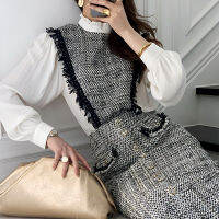 Korean Chic Temperament Stand-Up Collar Heavy Tweed Stitching Shirt + High Waist Button Decoration Package Hip Skirt Female