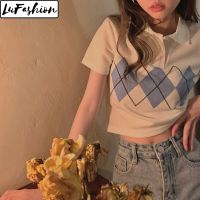 LuFashion เสื้อครอปผู้หญิง,เสื้อโปโลแขนสั้นเข้ารูปฤดูร้อนเสื้อยืดลำลองเกาหลี