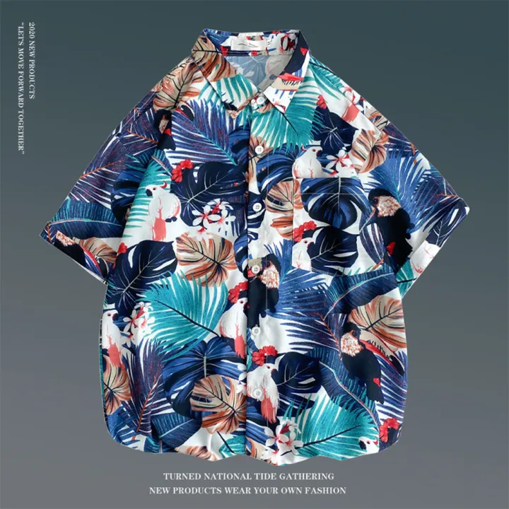 เสื้อเชิ้ตชายหาดสำหรับผู้ชายผู้หญิง-เสื้อคาร์ดิแกนคู่รักทรงหลวมแขนสั้นมีปกพิมพ์ลายดอกไม้
