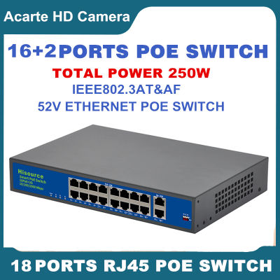 48V POE Switch 16 + 2 พอร์ตสวิตช์ 1000Mbps IEEE 802.3 af /at สำหรับระบบกล้องวงจรปิด