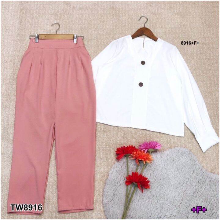 tw8916-set-เสื้อคอวีแขนตุ๊กตา-กางเกงขายาวทรงเอวสูง