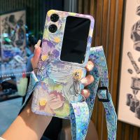 HOCE เคสฝาพับ N2flip สายคาดที่คล้องหัวเข็มขัดแหวนคริสตัลภาพวาดสีน้ำมันดอกไม้ N2ออปโป้ไฟนด์