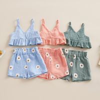 Summer Toddler Baby Girls 2pcs Clothing Sets Children Linen Ruffle Sling Tank Top Vest Floral Shorts Bottom Infant Outfits  by Hs2023