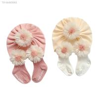 ◕ Baby Socks Cap Set Girls Lace Flower Ribbed Short Tube Sock Turban Hat for Autumn Beige/Pink