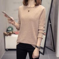 【มีไซส์ใหญ่】Plus Size Womens L-4XL Long Sleeved Fashion Spring Summer Shirts with Glitters Oversized Knitted Female Tops