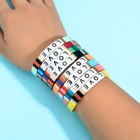 ZMZY Bohemian Handmade Elastic Stretch Stack Bangle Cuff Square Tile Metal Alloy Bead Enamel Painted Bracelet Exercise Bands