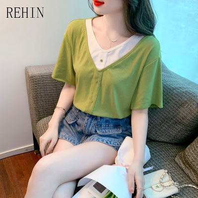 REHIN ของผู้หญิงด้านบน2022ฤดูร้อนใหม่อะโวคาโดสีเขียวฤดูร้อนคอวีแขนสั้นเสื้อยืดประกบดูสองชิ้นเสื้อที่สง่างาม