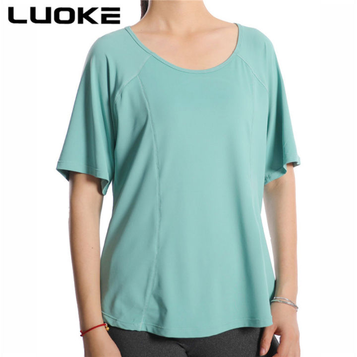 luoke-โยคะผู้หญิงผ้าพันคอแห้งเร็วระบายอากาศดีเสื้อยืดสองส่วนเสื้อวิ่งเสื้อแขนสั้นออกกำลังกายโยคะ