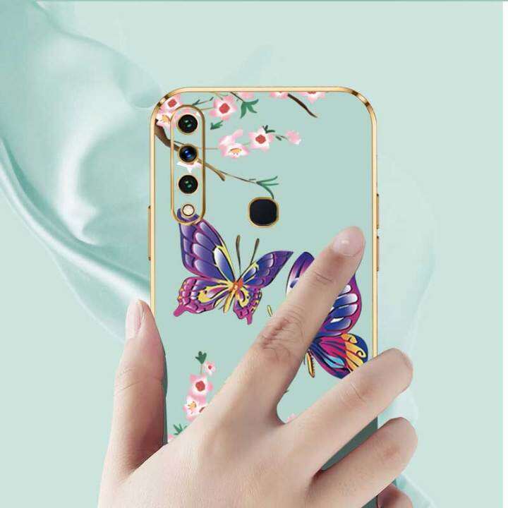 เคสสำหรับ-huawei-y6p-y8p-huawei-หรูหราผีเสื้อสวยงามพร้อมกล้องดอกไม้เคสโทรศัพท์ขอบชุบซิลิโคนฝาฟรีสายคล้อง