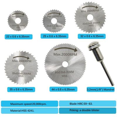 Disc Drill Blades and Mandrel Set 6pcs High Speed Steel Circular Saw Blades 1pcs 3.2mm Mandrel WWO66