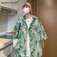 MAYCHEER   เสื้อฮาวายแขนสั้นเสื้อเชิ้ตผู้ชายกระดุมคอเสื้อมีกระเป๋าหนึ่งเสื้อเชิ้ตชายหาด