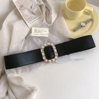 Luxury Pearl rhinestone belts for women wide black soft faux leather belt for coat dress girl party decorate accessories gifts