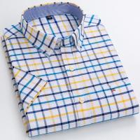 Plus Size Mens Summer Shirts Oxford Vertical Stripes Short Sleeve Standard-fit Loose Plaid Solid Soft Cotton Man Shirt