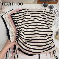 PEAR DODO เสื้อยืดจับจีบเชือกผูกคอวีแขนสั้นลายทางน้ำแข็งสไตล์เกาหลีสำหรับผู้หญิง