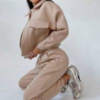 Holiday Discounts Women Tracksuit Two Piece Sets Turn-Down Collar Jacket + Drawstring Sweatpants Solid Color Streetwear Spring Autumn Female Suit