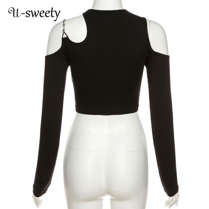 u-sweety-เสื้อครอปแฟชั่นสําหรับสตรีแขนยาวคอกลมสีพื้นทรงอสมมาตรใส่สบาย