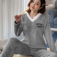 Winter Women Cold Keep Warm Women V-neck Coral Fleece Pajamas Set of Sleepcoat Lady Thermal Flannel Home Clothing Pajama Set