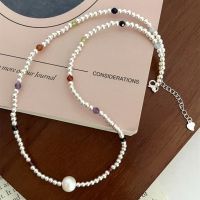 Original natural pearl necklace 2023 hot style female rainbow round bead clavicle chain necklace sterling silver temperament necklace high-end sense