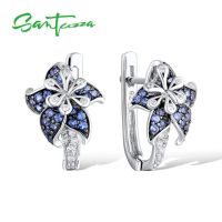 SANTUZZA Silver Earrings For Woman Pure 925 Sterling Silver Blue Pink Star Flower Cubic Zirconia Trendy Fashion Jewelry